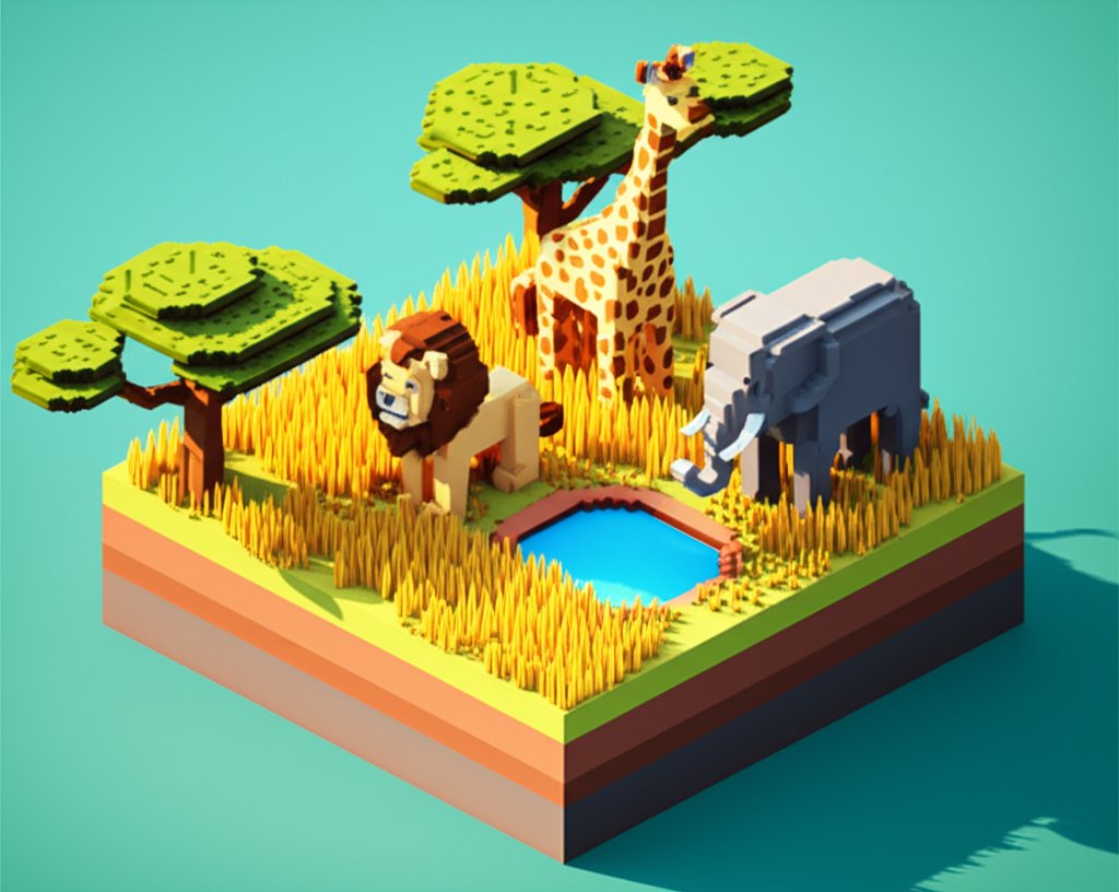 Savanna animals gather around a watering hole, including zebras, giraffes, and elephants.