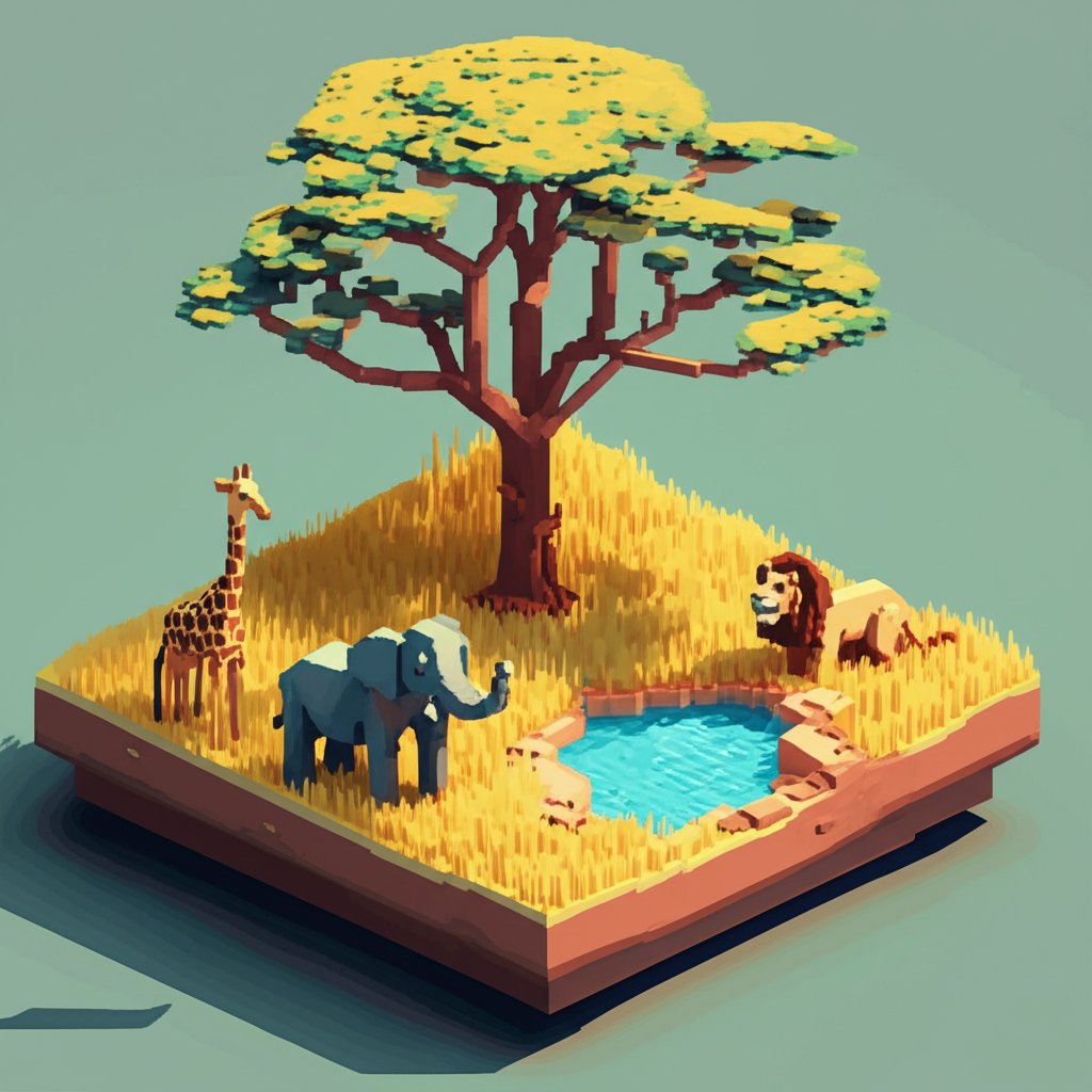 Savanna ecosystem graphic: Facts of savanna animals, climate, and plant life.