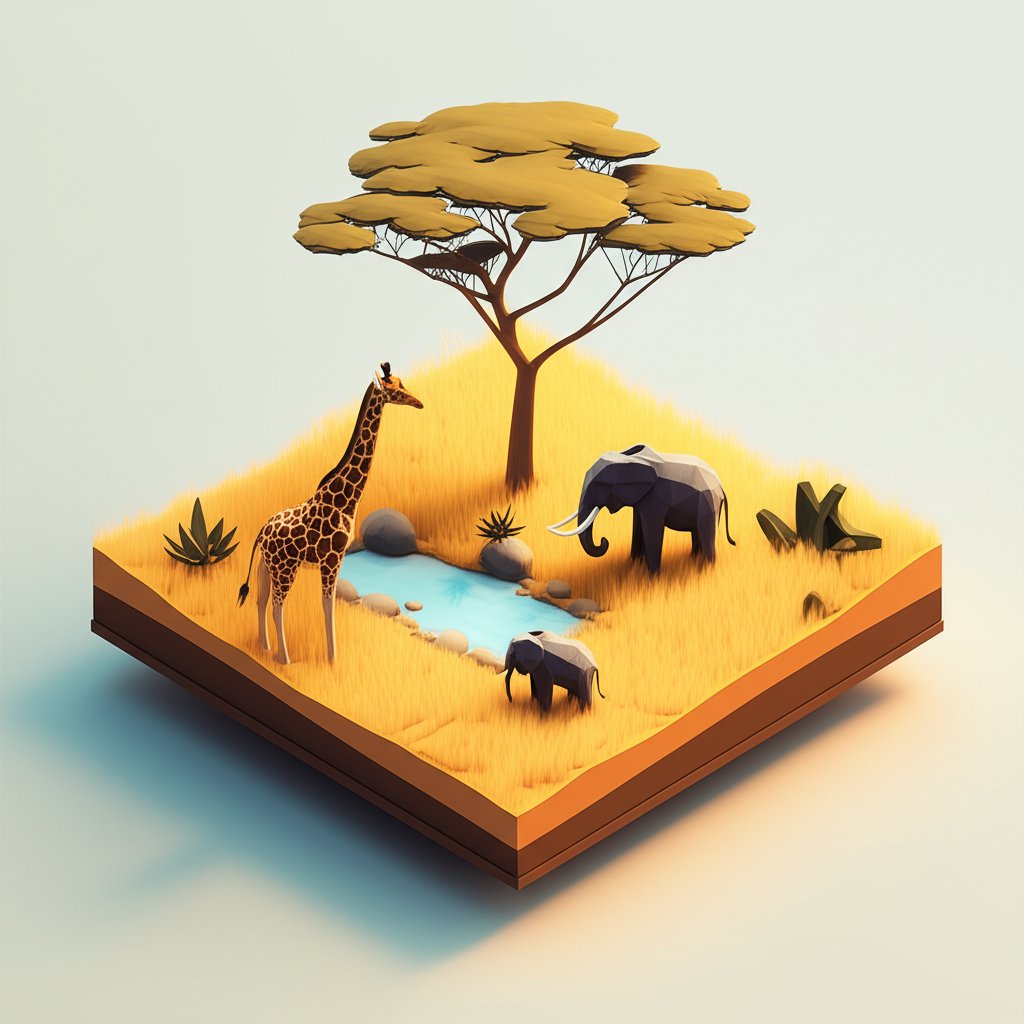 Golden savanna grasses sway under a vast blue sky, with scattered acacia trees dotting the horizon.