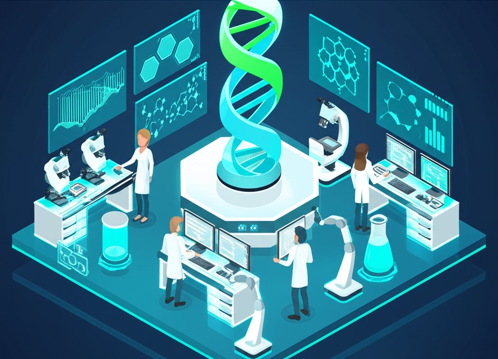 A scientist celebrates a breakthrough discovery with raised arms in a brightly lit lab.