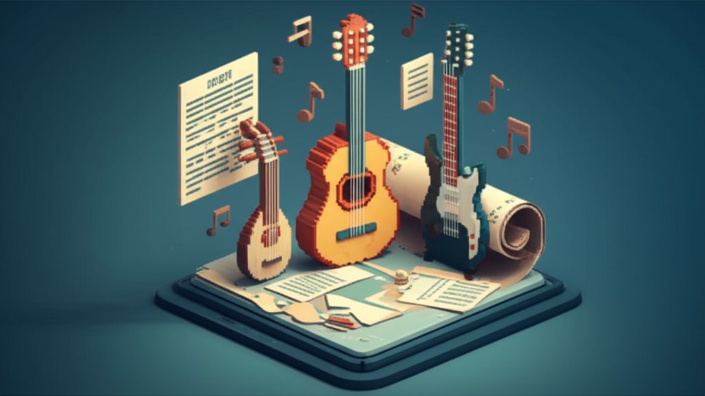 A timeline of guitars, from early lutes to modern electric guitars, showcasing the instrument's evolution.