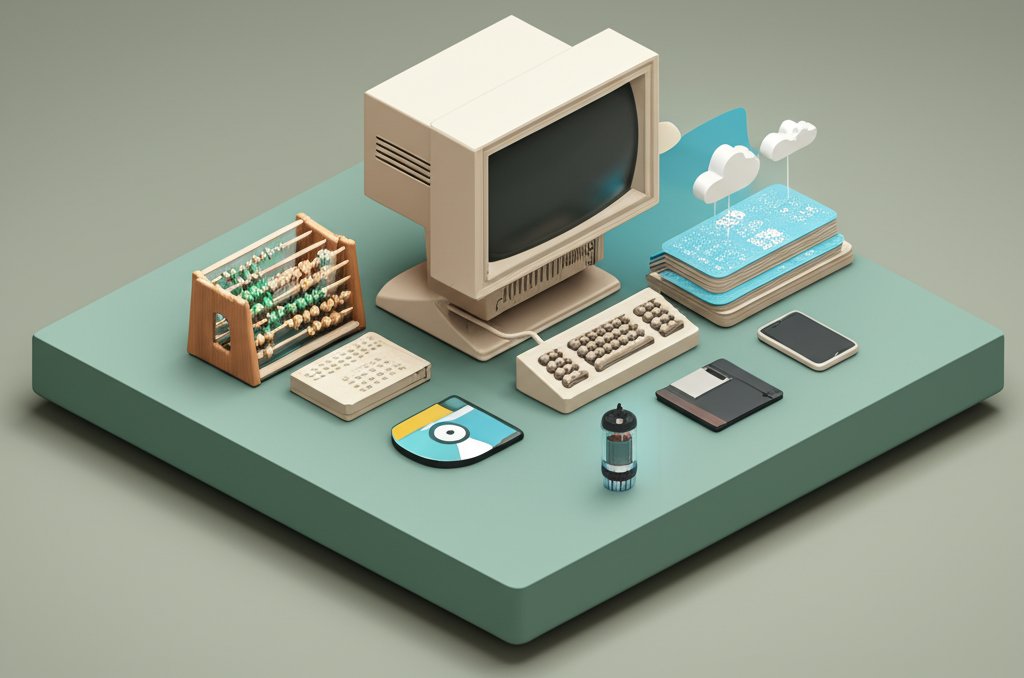 Vintage computers and punch cards represent the evolution of computing through the ages.