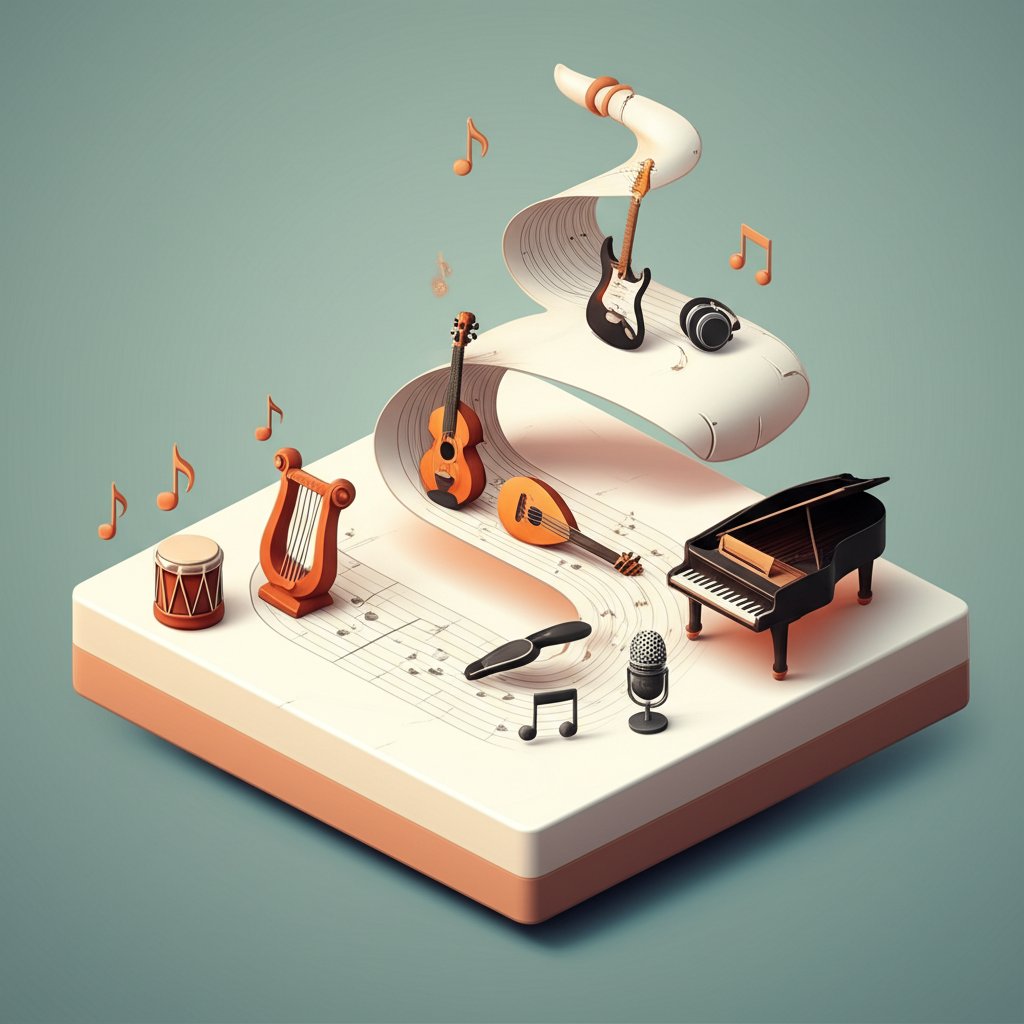 Musical notes and instruments evolve through time, showcasing the history of music.