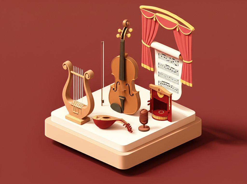 Italian music history: A collage showcasing instruments, composers, and traditional scenes.