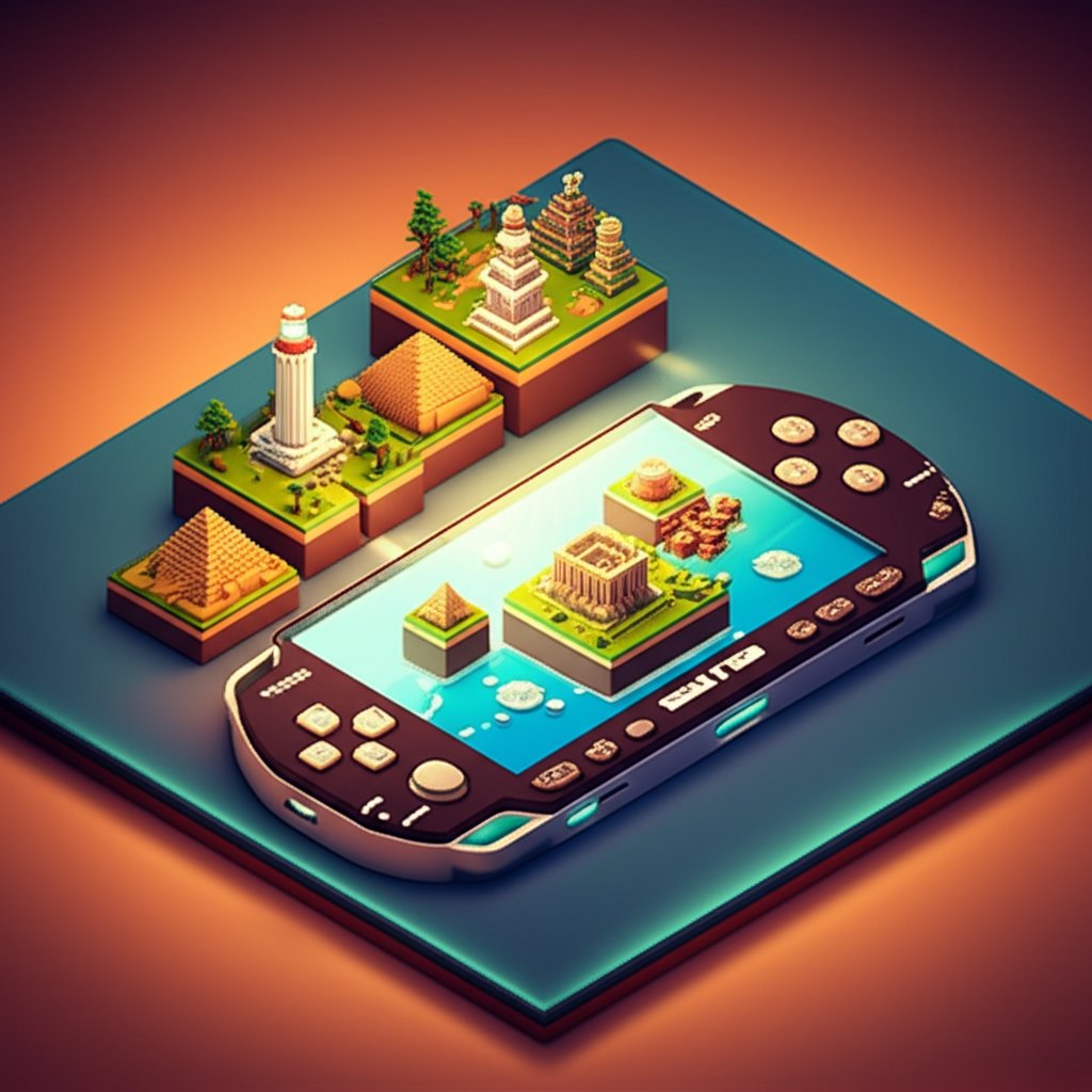A poster featuring the Seven Wonders of the World on a PSP screen.