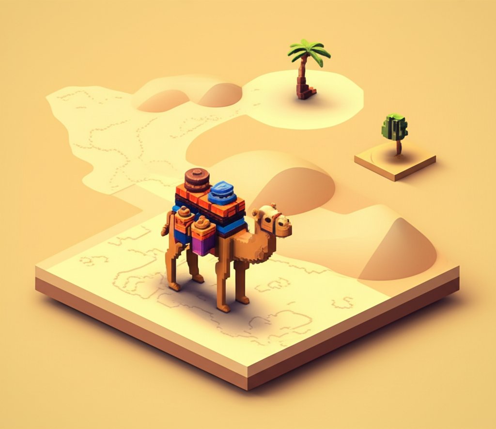 Camel caravan traverses a vast, sandy desert landscape along the historic Silk Road.