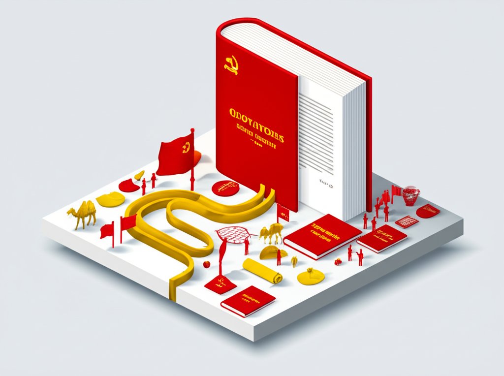 Silk road imagery juxtaposed with cultural revolution-era propaganda, creating a visual clash.