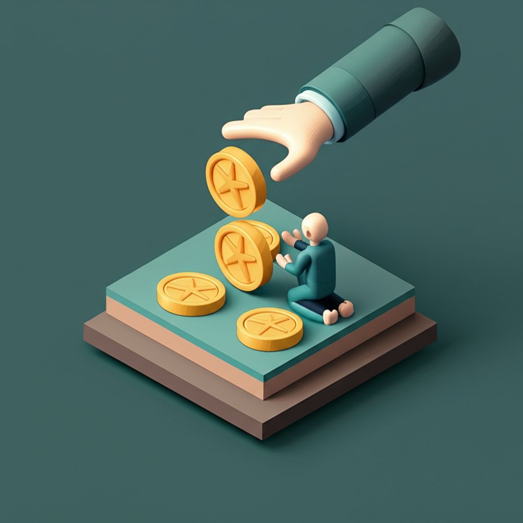 A person offers coins to two beggars, showing generosity and balance in wealth.