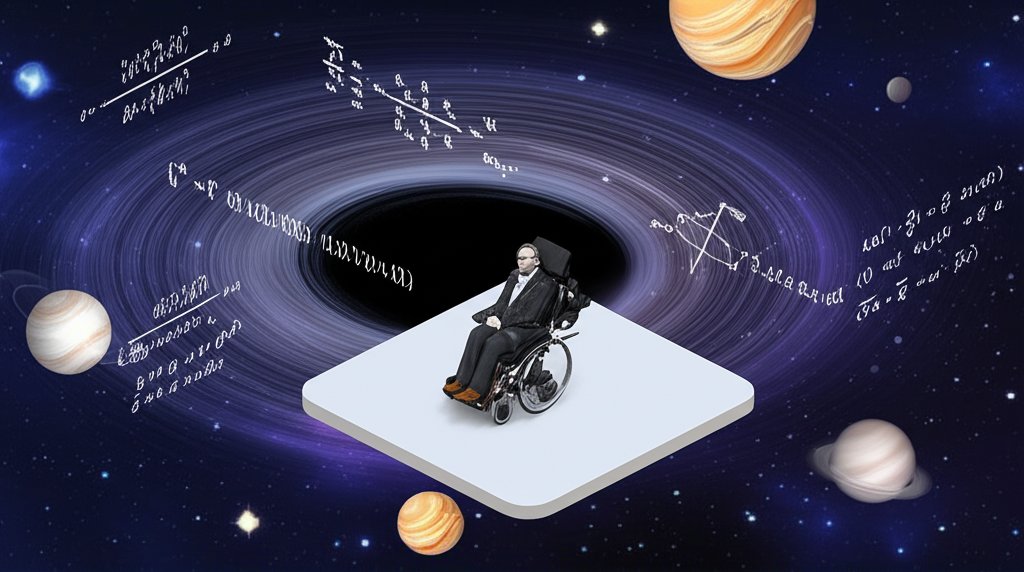 Stephen Hawking smiles in his wheelchair, a bright mind overcoming physical limitations.
