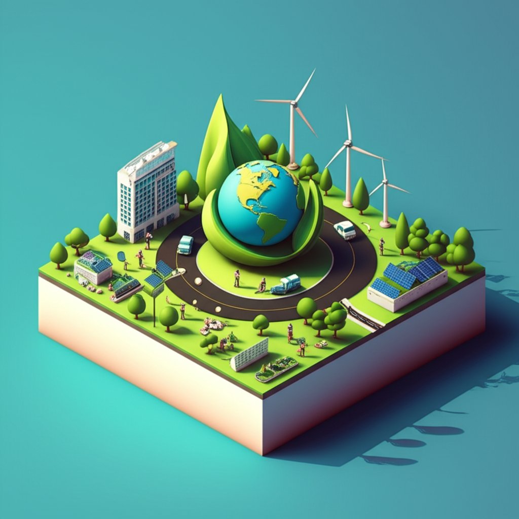 Lush green city with wind turbines and solar panels, symbolizing a sustainable future.