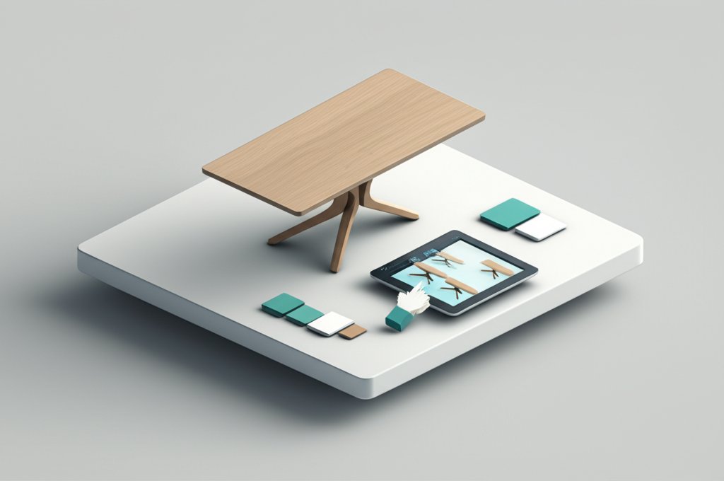 A modern wooden table with a sleek, minimalist design in a bright, airy room.