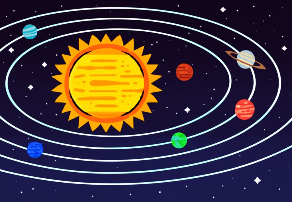 A colorful illustration of the solar system, showing the planets orbiting the sun.