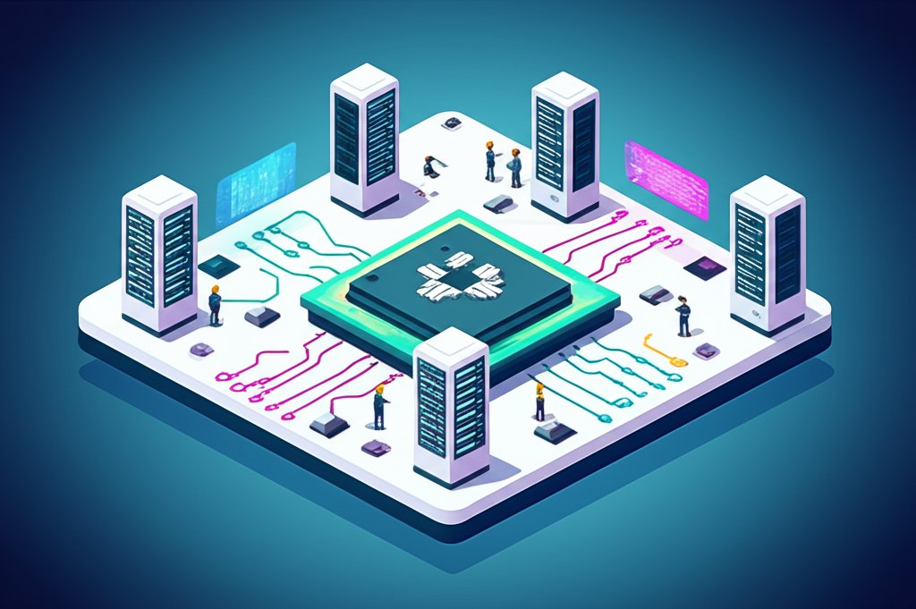 A futuristic landscape with glowing cityscapes and interconnected data streams representing technology.
