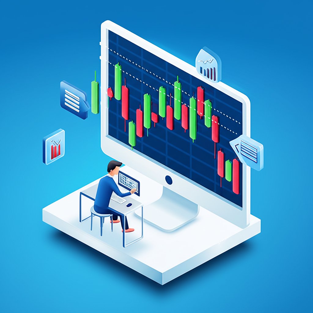 Candlestick charts and technical indicators displayed on a computer screen represent financial technical analysis.