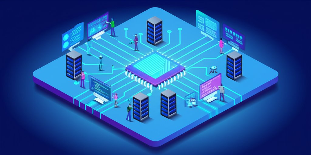 Circuit board with glowing components symbolizes interconnectedness and technological advancement.