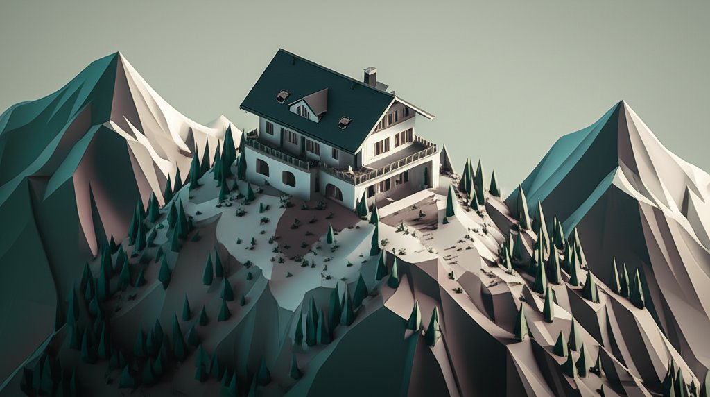 Berghof exterior view with snow-covered Alps in the background, evoking a sense of isolation.