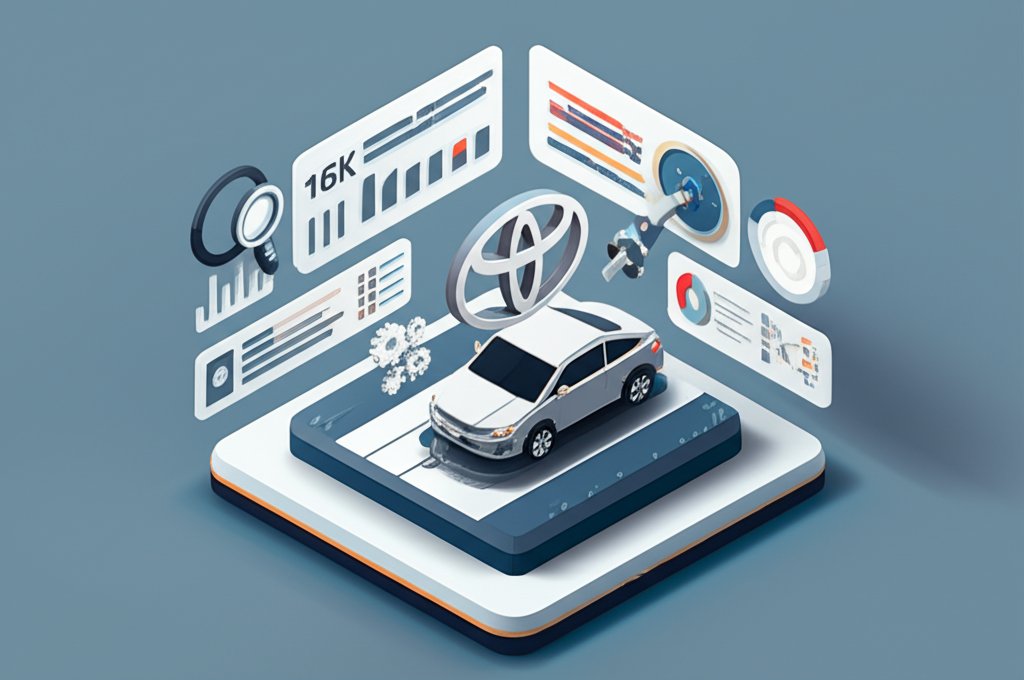 Silver Toyota car with facts and statistics displayed, showcasing brand information.