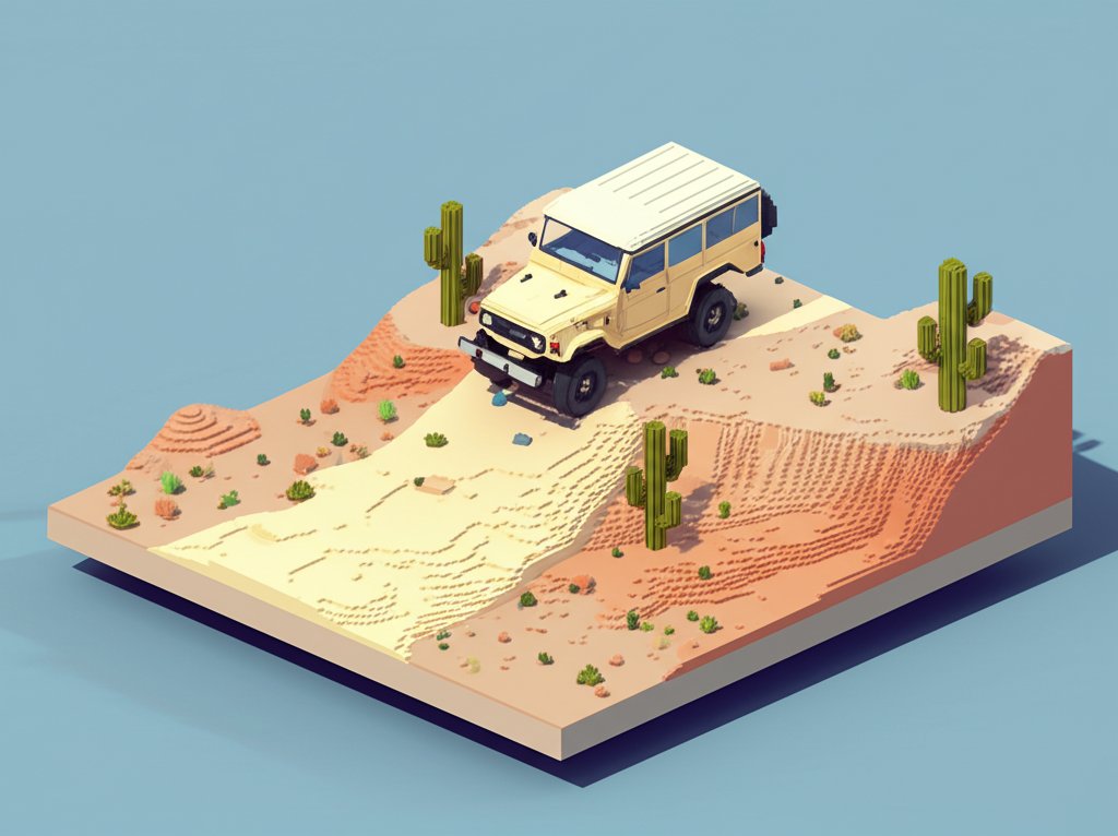 Silver Toyota Land Cruiser parked on a dirt road, mountains in the background.
