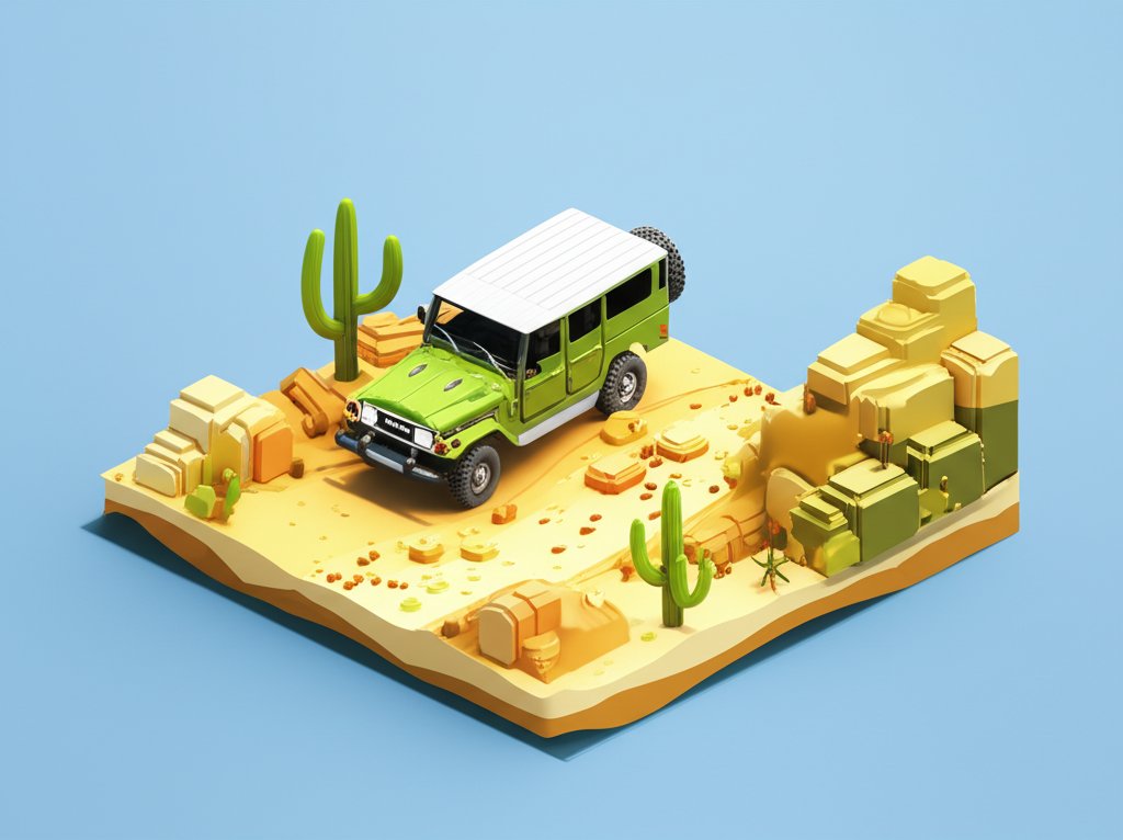 Silver Toyota Land Cruiser driving on a dirt road, surrounded by green trees.