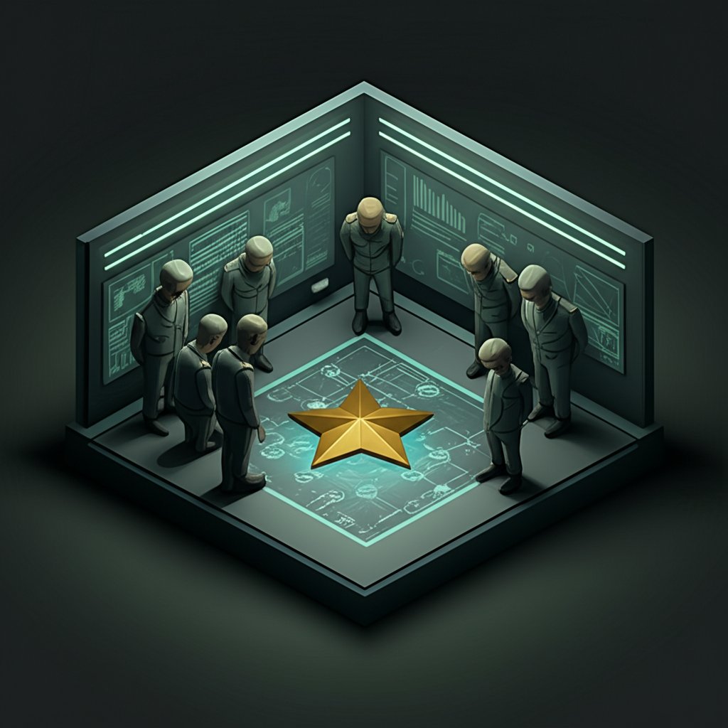Worried military commanders in a dimly lit room, discussing a difficult situation.