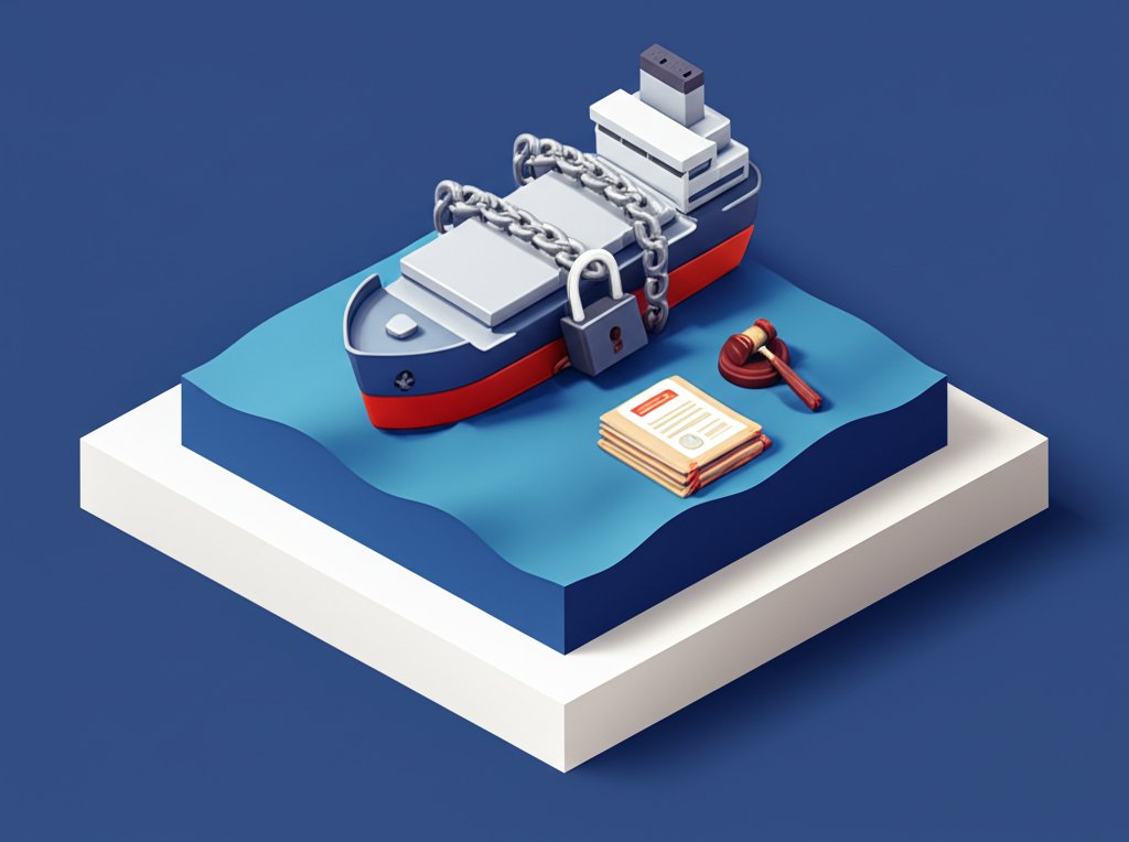 Maritime lien: A legal claim on a vessel, depicted with chains and a ship illustration.