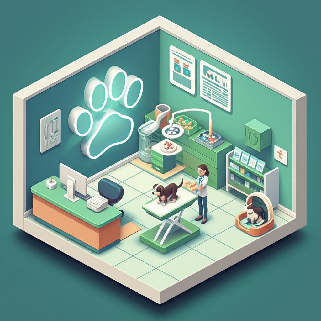 Veterinarians smiling and examining a dog on a table in a bright clinic.