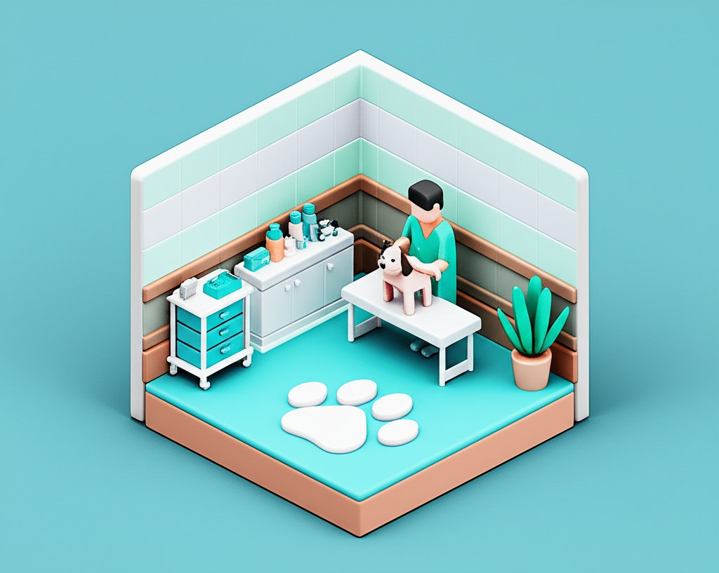 Veterinarian gently examining a dog on an exam table, showcasing animal healthcare.