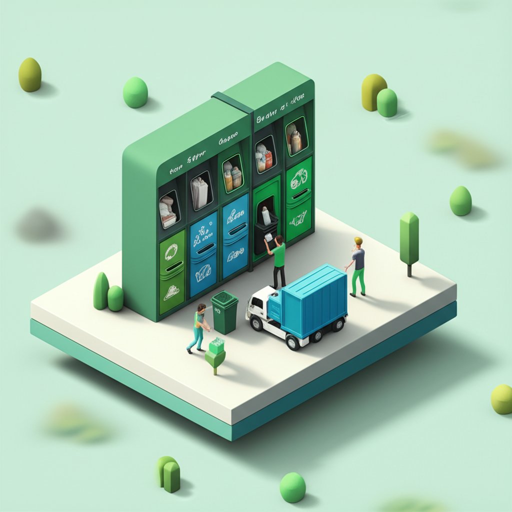 Garbage truck collecting overflowing bins, illustrating waste management and urban sanitation.