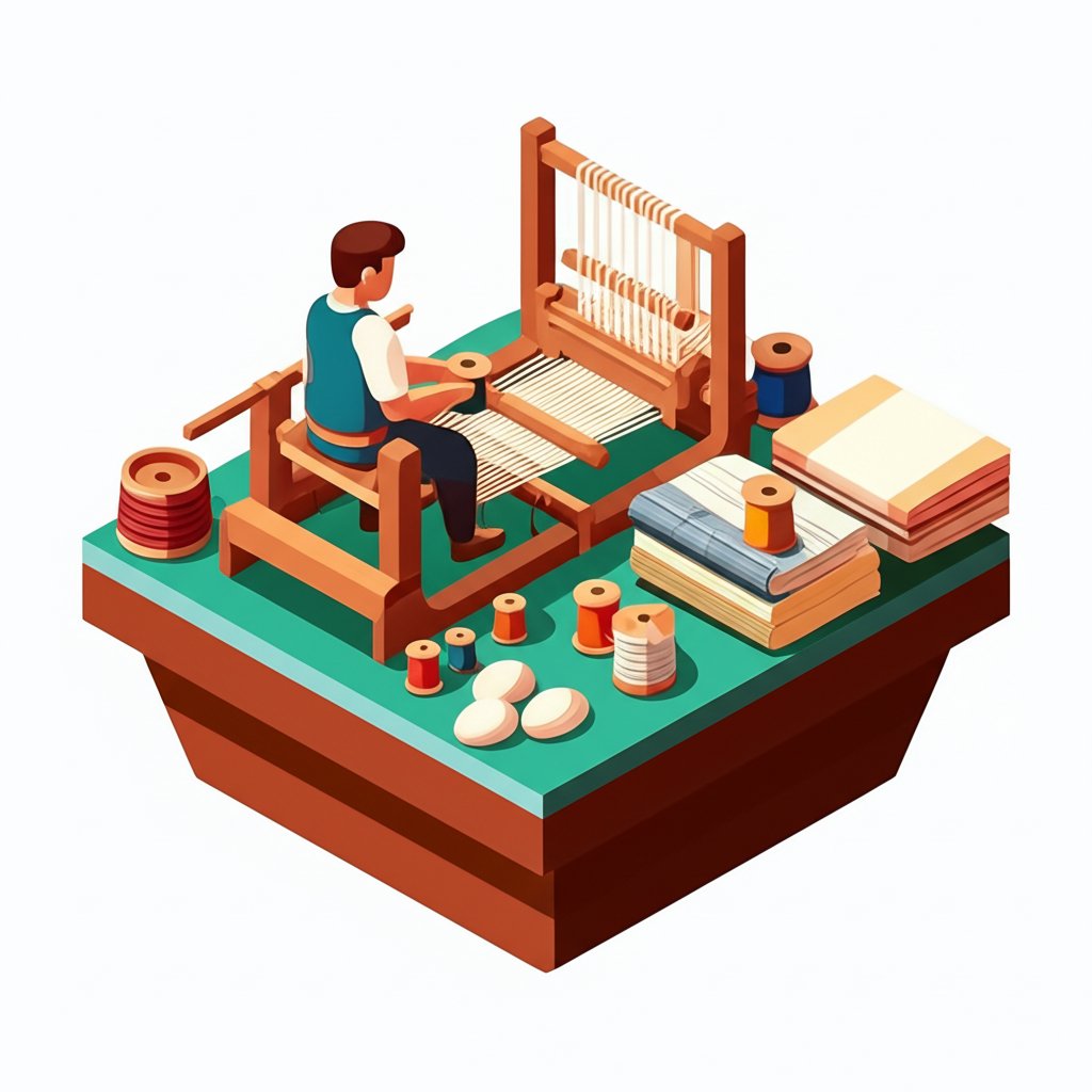 An antique weaving loom shows the historical evolution of textile production.