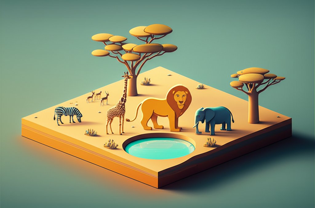 Savanna animals including lions, zebras, elephants, and giraffes grazing and roaming freely in their African habitat.