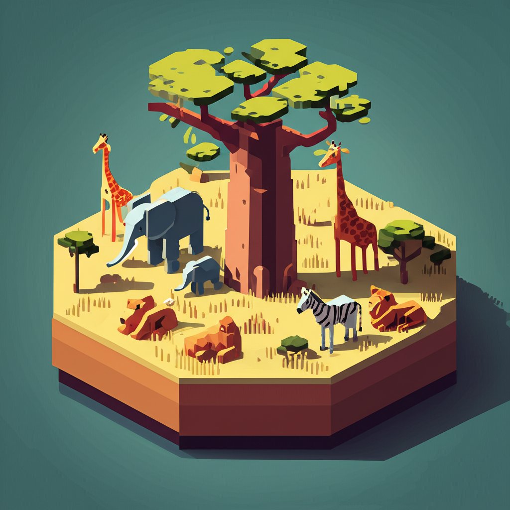 Savanna landscape with diverse plants, grasses, and animals like zebras, giraffes, and lions in their natural habitat.