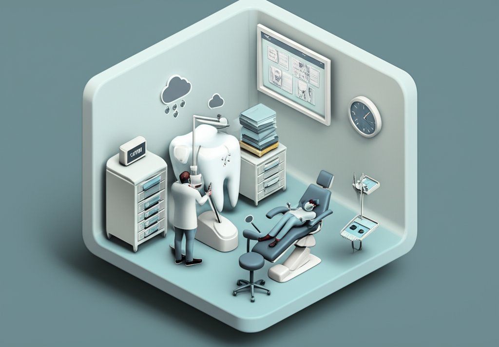Cartoon dentist looking sad in their office, with dental tools on the tray.