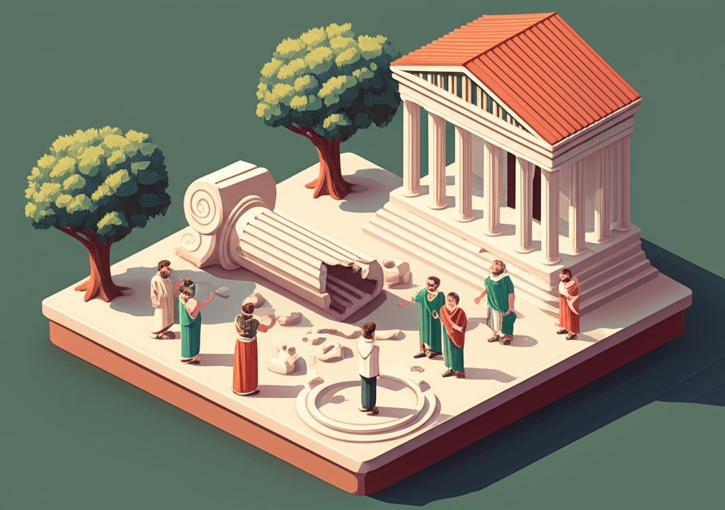 Ancient Greek pottery depicting citizens debating, symbolizing the rise of democracy over tyranny.