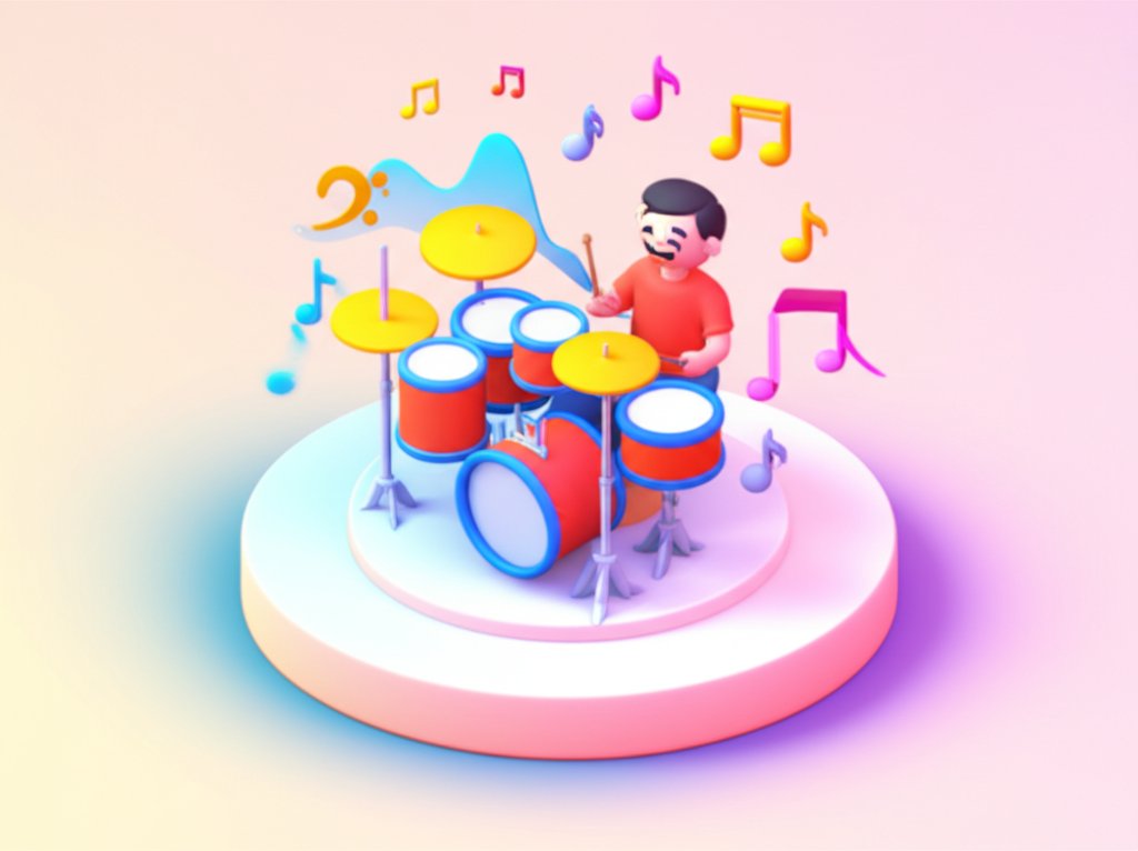 A drummer smiles widely behind their kit, surrounded by percussion instruments and a vibrant, energetic background.