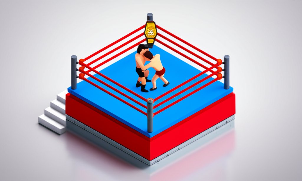 Two wrestlers grapple intensely in a wrestling ring, bathed in bright spotlights.