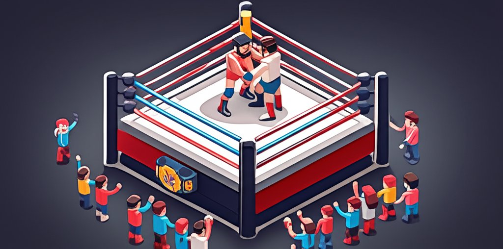 Two wrestlers grappling intensely, locked in a powerful hold on a wrestling mat.