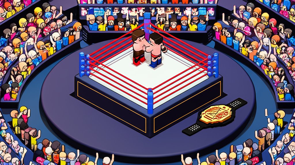 Two wrestlers grapple intensely in a wrestling ring, showcasing strength and athleticism.