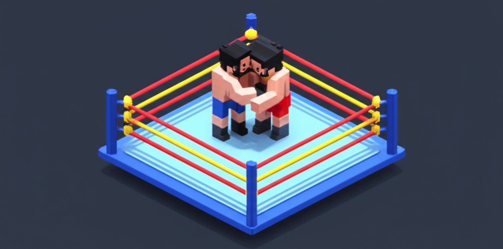 Two wrestlers grapple intensely in a wrestling match, showcasing strength and athleticism.