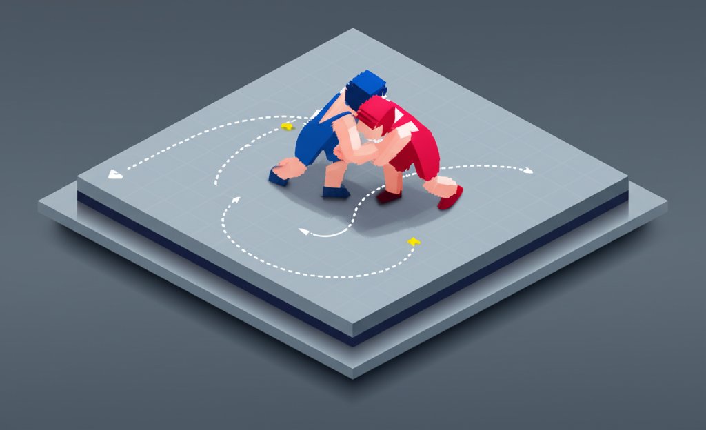 Two wrestlers grapple intensely, demonstrating a wrestling tactic on a blue mat.