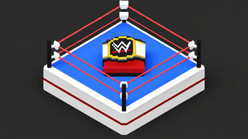 Wrestling superstars clash in a dynamic WWE match, spotlighted by vibrant arena lights.