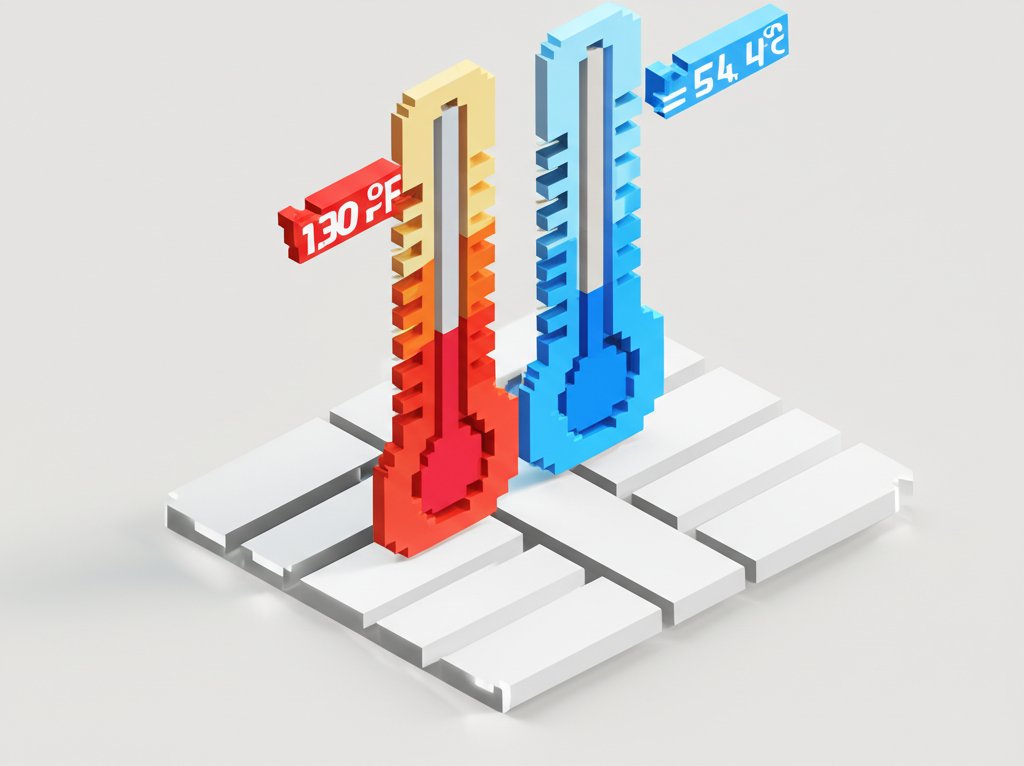 A thermometer reading 130 degrees Fahrenheit, implying a need for Celsius conversion.