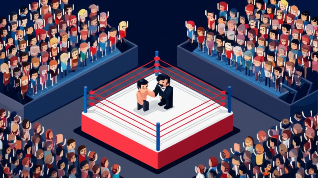 Abraham Lincoln, tall and lanky, grapples with an opponent in a wrestling match.