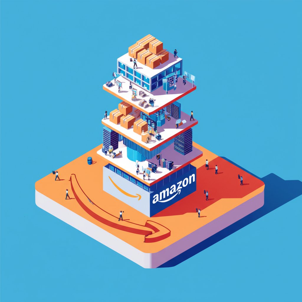 Amazon logo reflecting Bezos's wealth, highlighting its e-commerce dominance and success.
