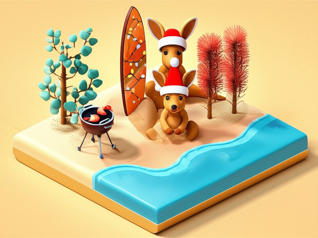 Festive Aussie Christmas scene with sunshine, beach, BBQ, and people celebrating.