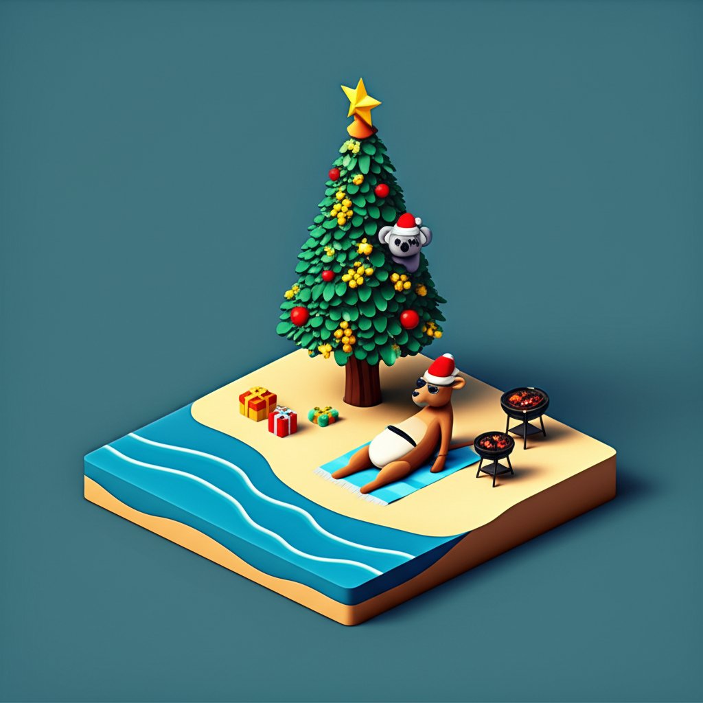 A sun-drenched Australian Christmas: people on a beach, Santa in board shorts.
