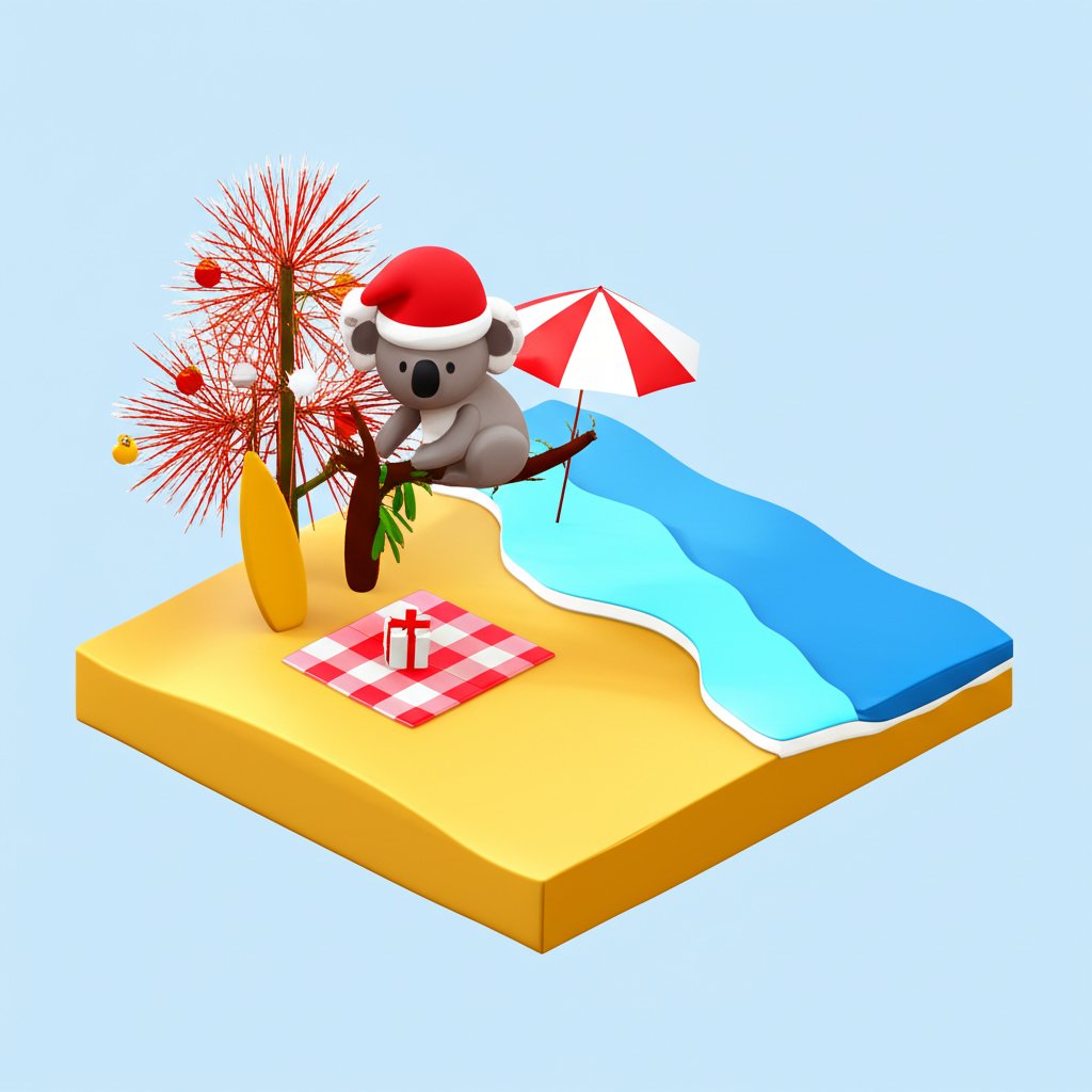 Beach Christmas in Australia: Family enjoys a picnic near the ocean on a sunny day.