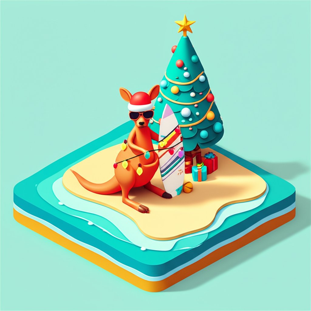 Festive Aussie Christmas scene with a BBQ, beach, and Santa in board shorts.