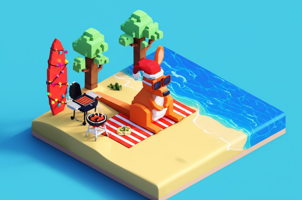 Beachgoers in Santa hats enjoy a sunny Australian Christmas celebration with surfboards and inflatable decorations.