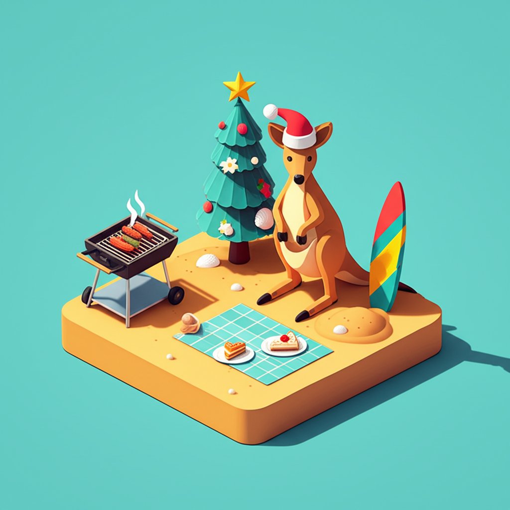 A festive Australian Christmas scene with a BBQ, beach, and Santa in shorts.