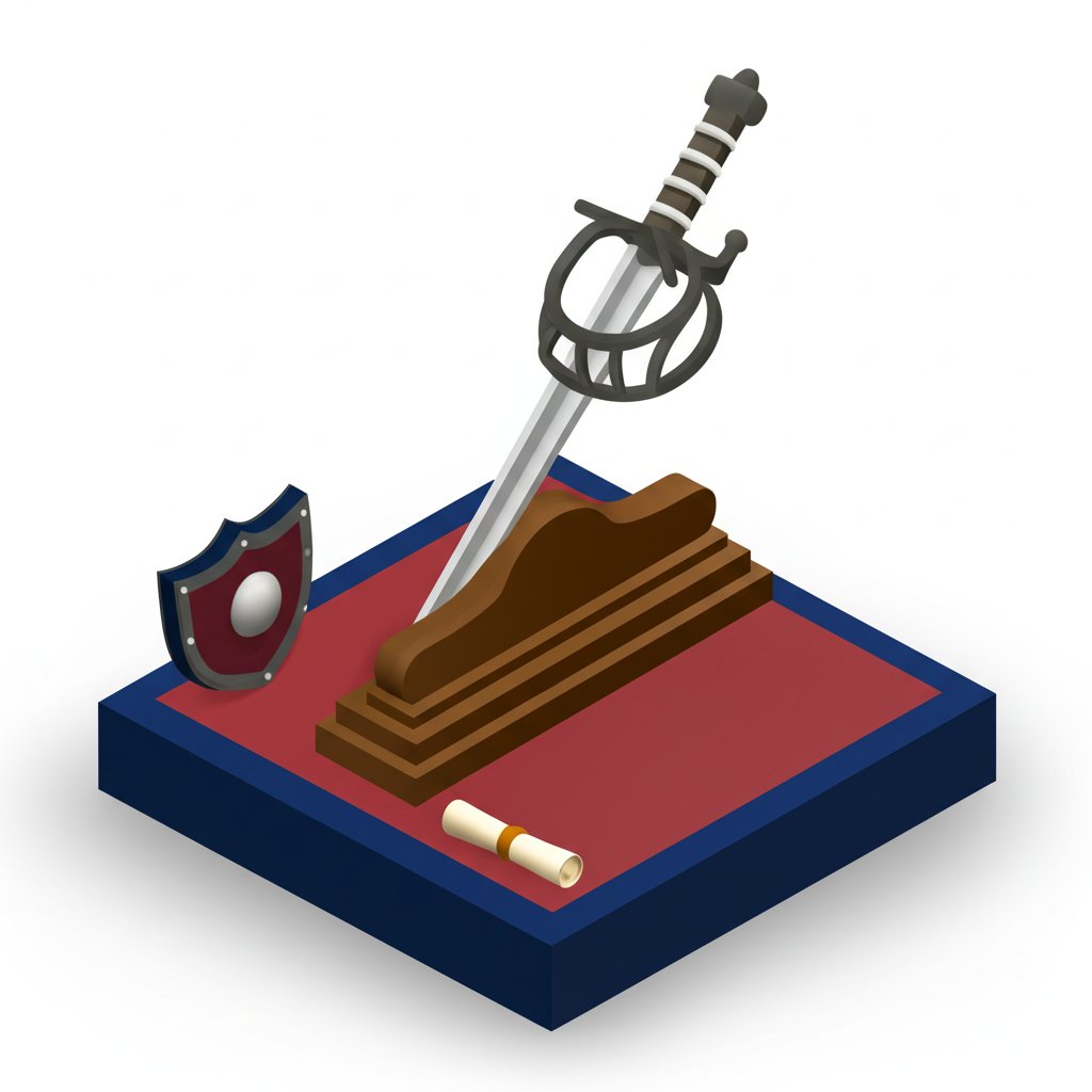 A basket-hilted sword lies on a table, its ornate metal guard glinting in the light.